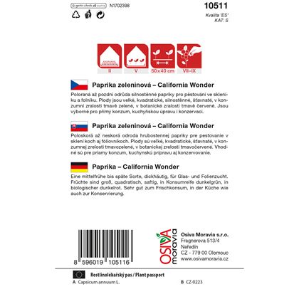 Osiva - Paprika zeleninová - sladká CALIFORNIA WONDER, 10ks